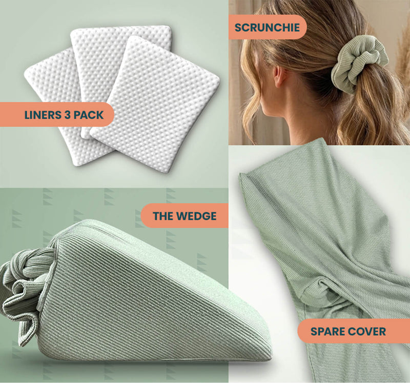 Four-panel collage showing a hair scrunchie set: three white textured liner pads labeled 'LINERS 3 PACK,' a woman wearing a pale sage scrunchie labeled 'SCRUNCHIE,' a pale sage wedge-shaped pad labeled 'THE WEDGE,' and a matching pale sage spare cover labeled 'SPARE COVER.'.