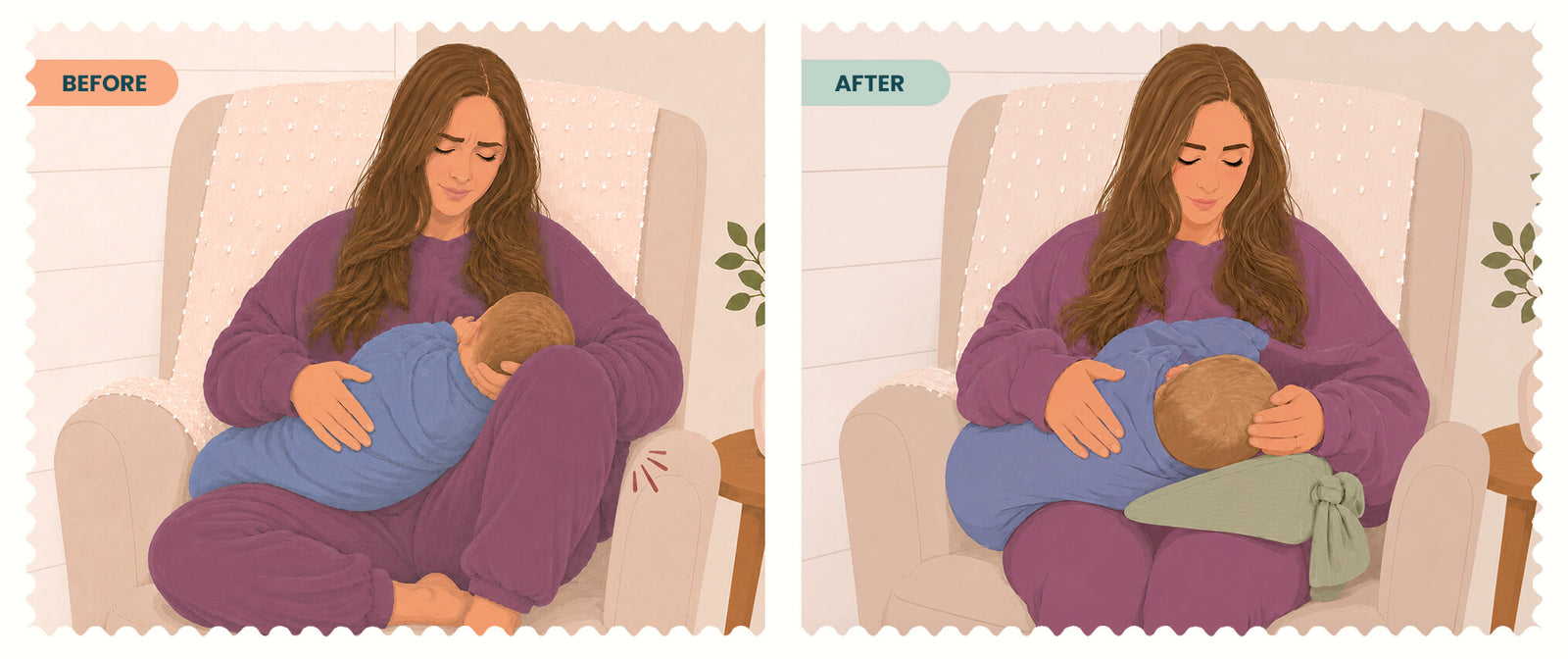 A side-by-side illustrated comparison labeled BEFORE and AFTER, showing a woman in a purple outfit nursing a baby in a light beige armchair. The left panel shows the baby wrapped in a blue blanket; the right panel shows the Soft Sage Wedge underneath.