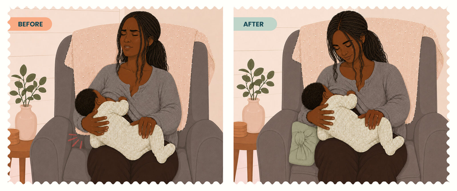 A side-by-side illustrated comparison labeled BEFORE and AFTER showing a woman breastfeeding a baby while seated in a chair with her arm aching or in pain, with The Wedge under her arm showing visible support in the after view.