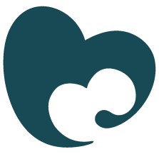Acute Baby Co dark teal abstract heart-shaped graphic on a solid black background.