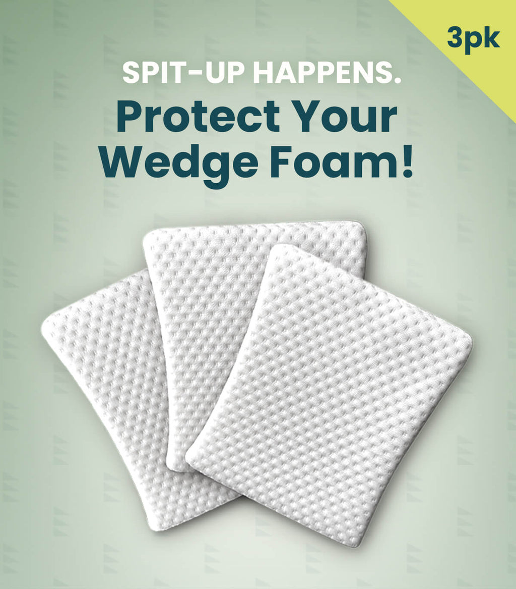 Three white textured wedge foam protectors arranged in an overlapping fan shape against a pale green background with promotional text reading 'SPIT-UP HAPPENS. Protect Your Wedge Foam!' and a yellow '3pk' corner badge.