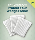 Three white textured wedge foam protectors arranged in an overlapping fan shape against a pale green background with promotional text reading 'SPIT-UP HAPPENS. Protect Your Wedge Foam!' and a yellow '3pk' corner badge.