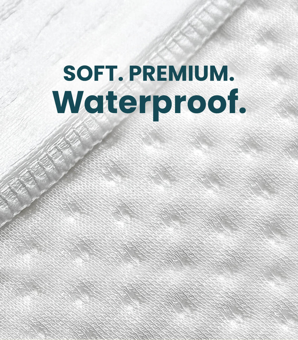 Close-up of a white textured waterproof fabric with a stitched edge and the text 'SOFT. PREMIUM. Waterproof.' in dark teal.