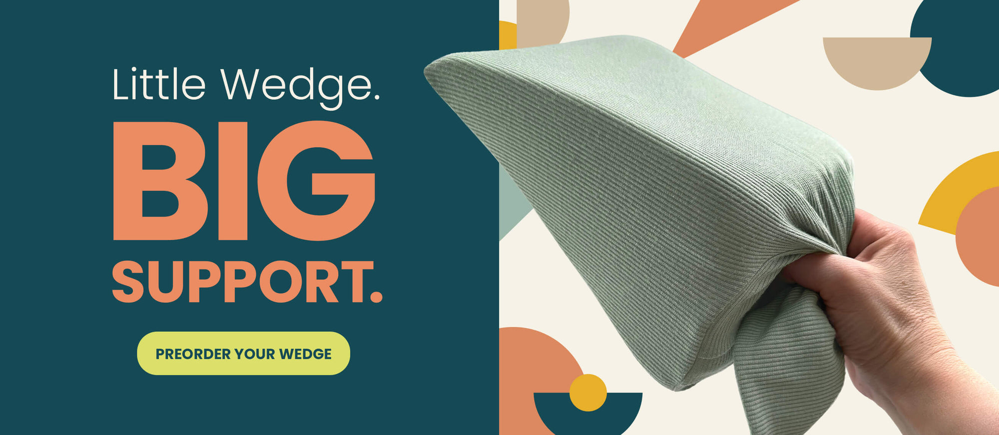 Little Wedge. Big Support. Image of woman's hand holding The Wedge on a geometric background