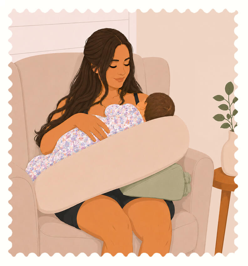 Mom elevating her nursing pillow with The Wedge while breastfeeding