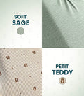 A four-panel fabric/material preview showing color and pattern options: top-left is soft sage green with text 'SOFT SAGE' and a circular swatch; top-right is a close-up of the sage fabric texture; bottom-left is a beige striped fabric with small brown motifs and text 'PETIT TEDDY'; bottom-right is a close-up of the beige striped fabric with a circular swatch.