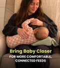 A woman in a dark sweatshirt holds a baby wearing a peach and white checkered outfit while breastfeeding. The image features a text overlay at the bottom that reads 'Bring Baby Closer FOR MORE COMFORTABLE, CONNECTED FEEDS'. The woman is using the acute baby co wedge nursing pillow to comfortably feed her baby.