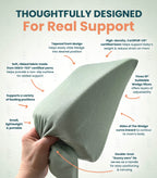 An infographic-style product photo showing a sage green wedge baby support pillow being held by a hand, with text callouts explaining features such as tapered front design, high-density CertiPUR-US fabric, three 10-inch wedge slices, and double-knot bunny ears ties.
